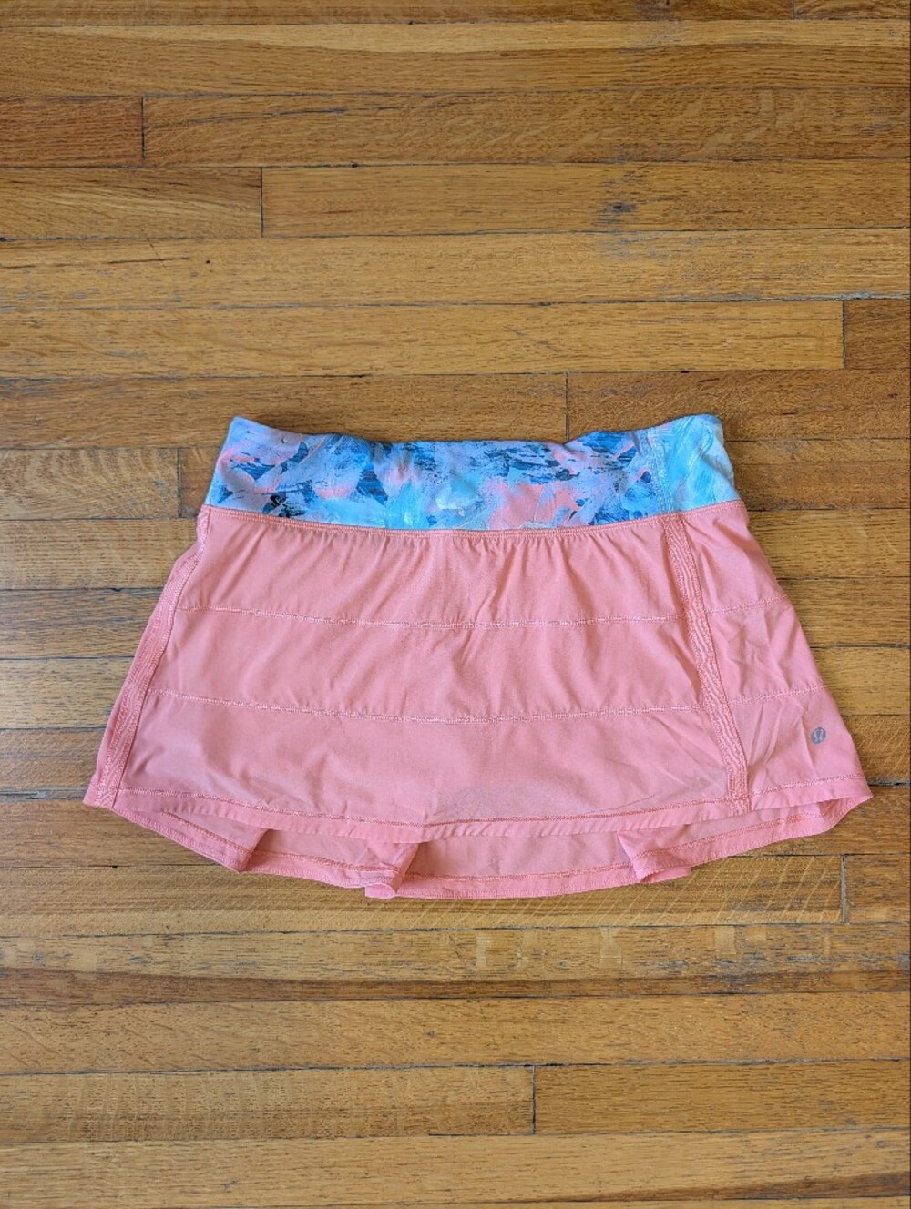 Lululemon Women's Coral Athletic Skort with Blue Floral Waistband